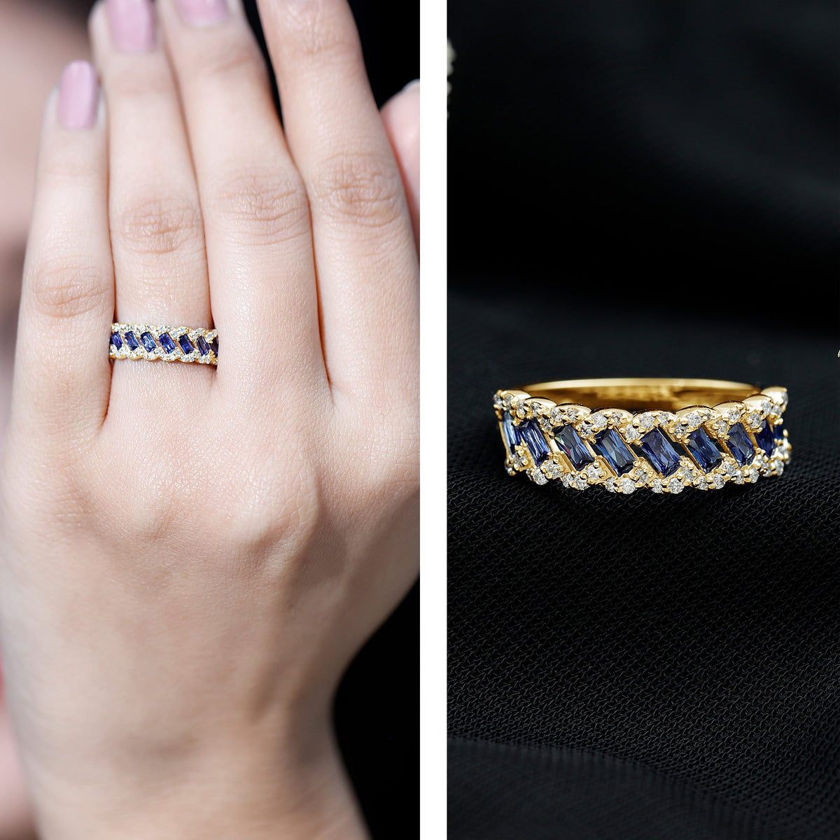 Rosec Jewels blue sapphire half eternity ring with lab-grown sapphires and diamonds, showcasing a shiny, elegant ring design.