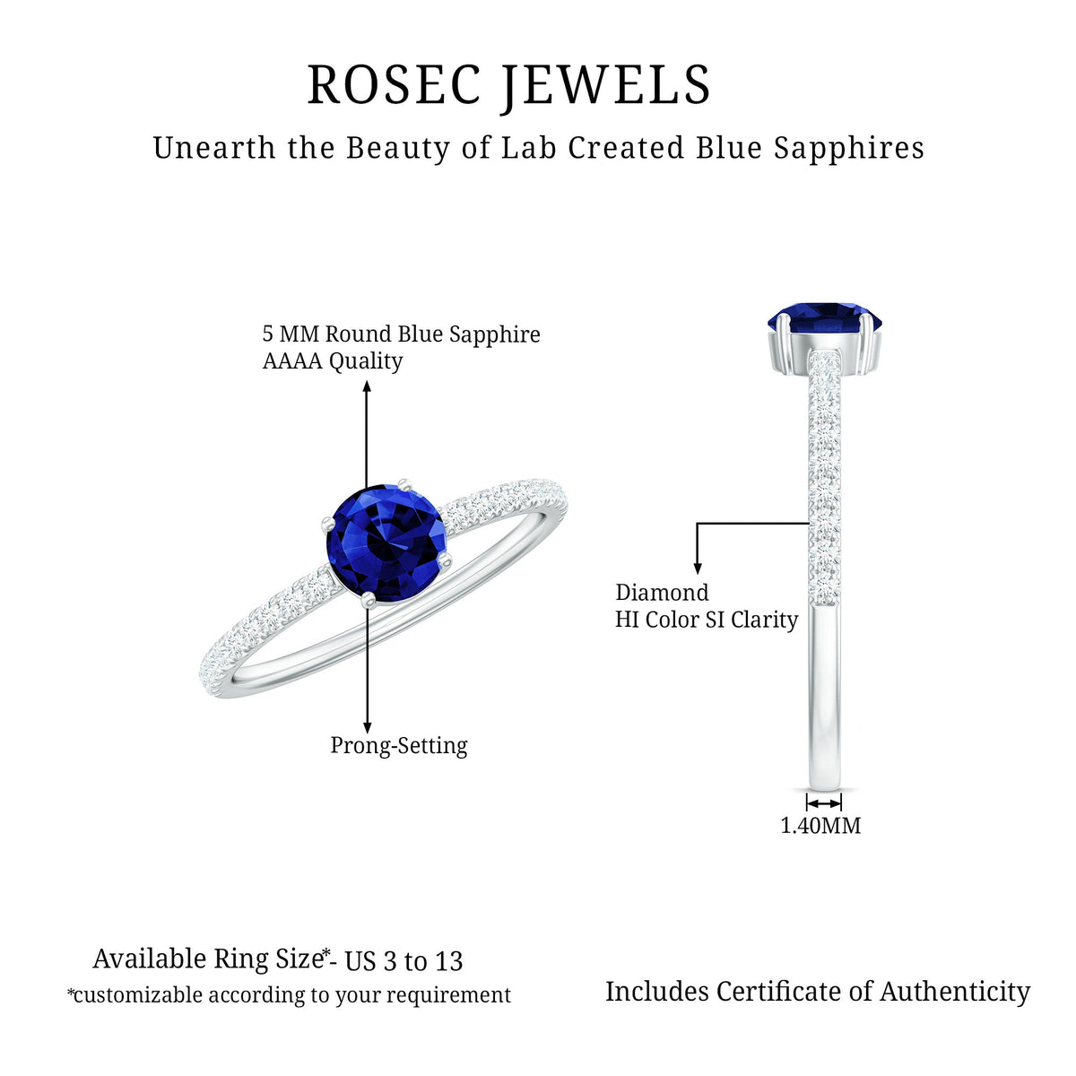 Lab-created blue sapphire promise ring with diamond side stones, showcasing a 5mm blue sapphire centerpiece and elegant design.