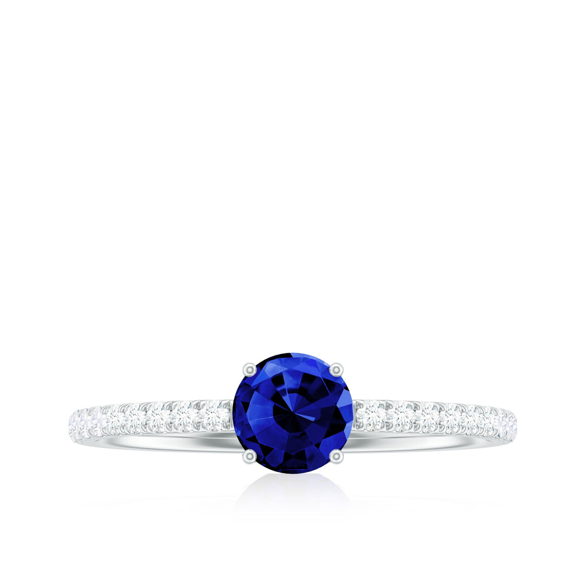 Rosec Jewels 5mm lab-created blue sapphire promise ring with diamond side stones, featuring a sleek and elegant design.