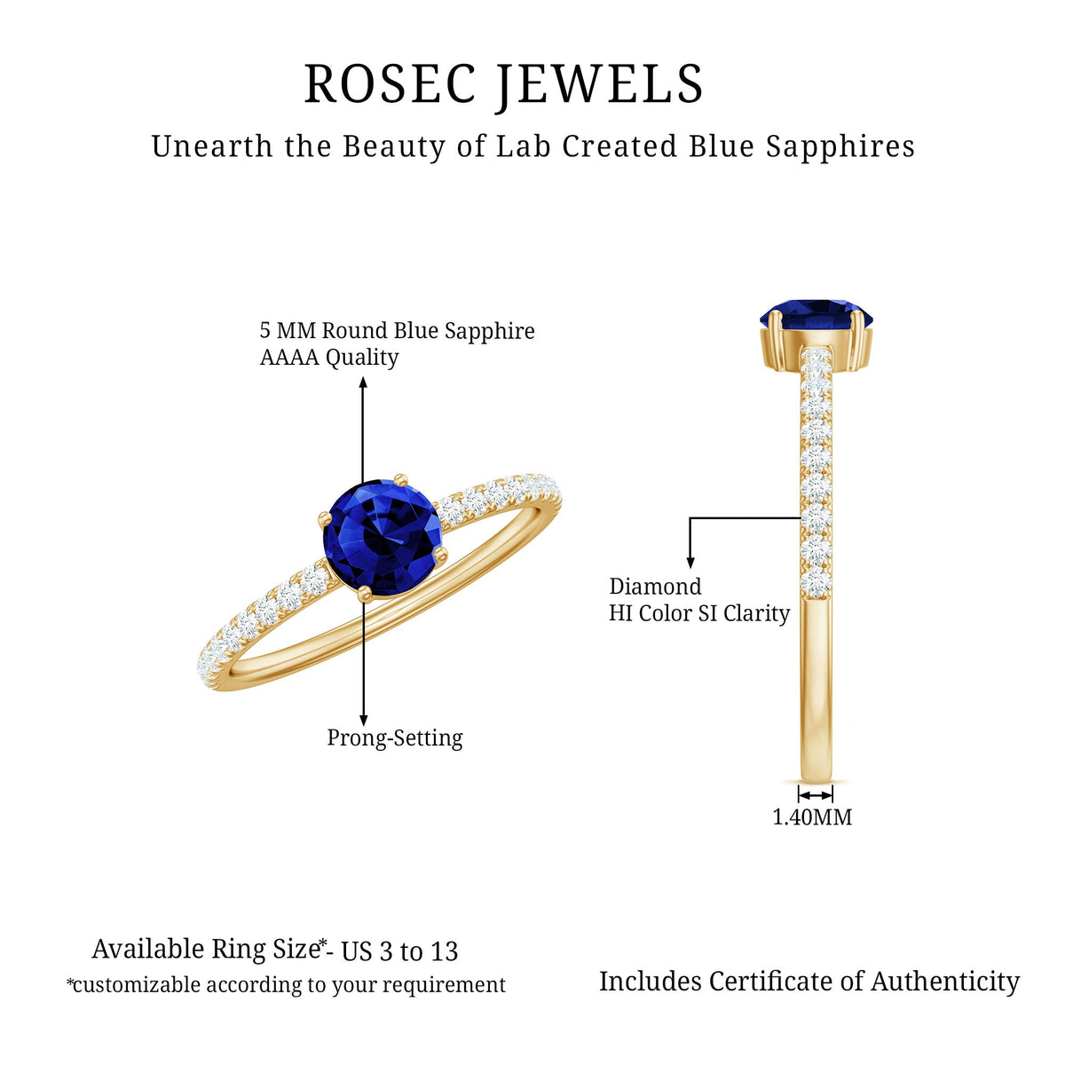 Rosec Jewels 5mm lab-created blue sapphire promise ring with diamond side stones, showcasing a sleek silver band and sparkling accents.