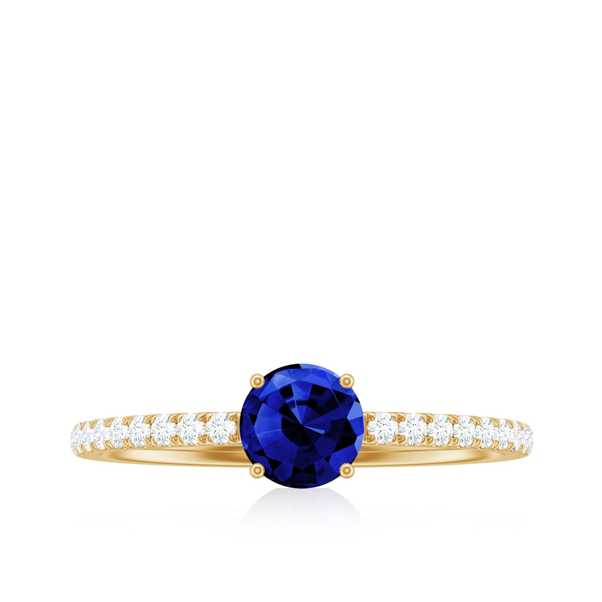Lab-created blue sapphire promise ring with diamond side stones, featuring a 5mm blue sapphire centerpiece and elegant band.
