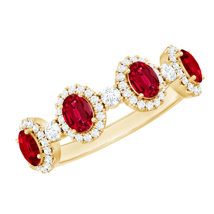 Lab created ruby and diamond wedding band ring from Rosec Jewels with sparkling gemstones and a sleek metal band.