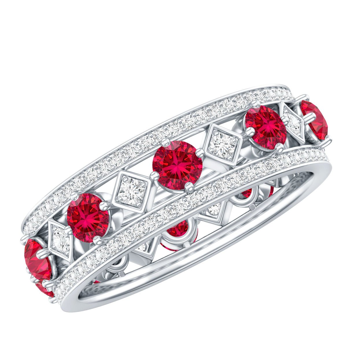 Vintage lab-grown ruby wedding band ring with moissanite accents from Rosec Jewels, featuring a classic design and sparkling gemstones.