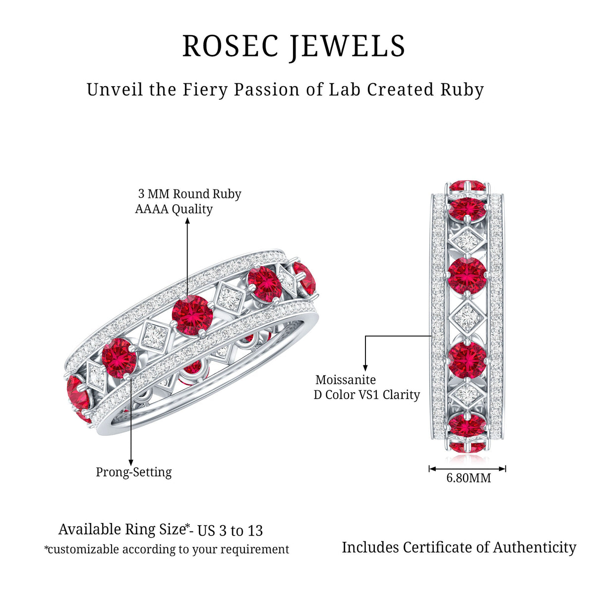 Lab grown ruby vintage wedding band ring with moissanite from Rosec Jewels, featuring a detailed design and sparkling gemstones.