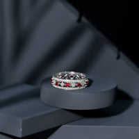Vintage wedding band ring by Rosec Jewels featuring lab-grown ruby and moissanite accents, elegant and sparkling jewelry piece.