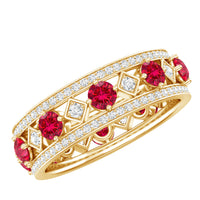 Lab grown ruby vintage wedding band ring with moissanite accents, featuring intricate metalwork and a classic design from Rosec Jewels.