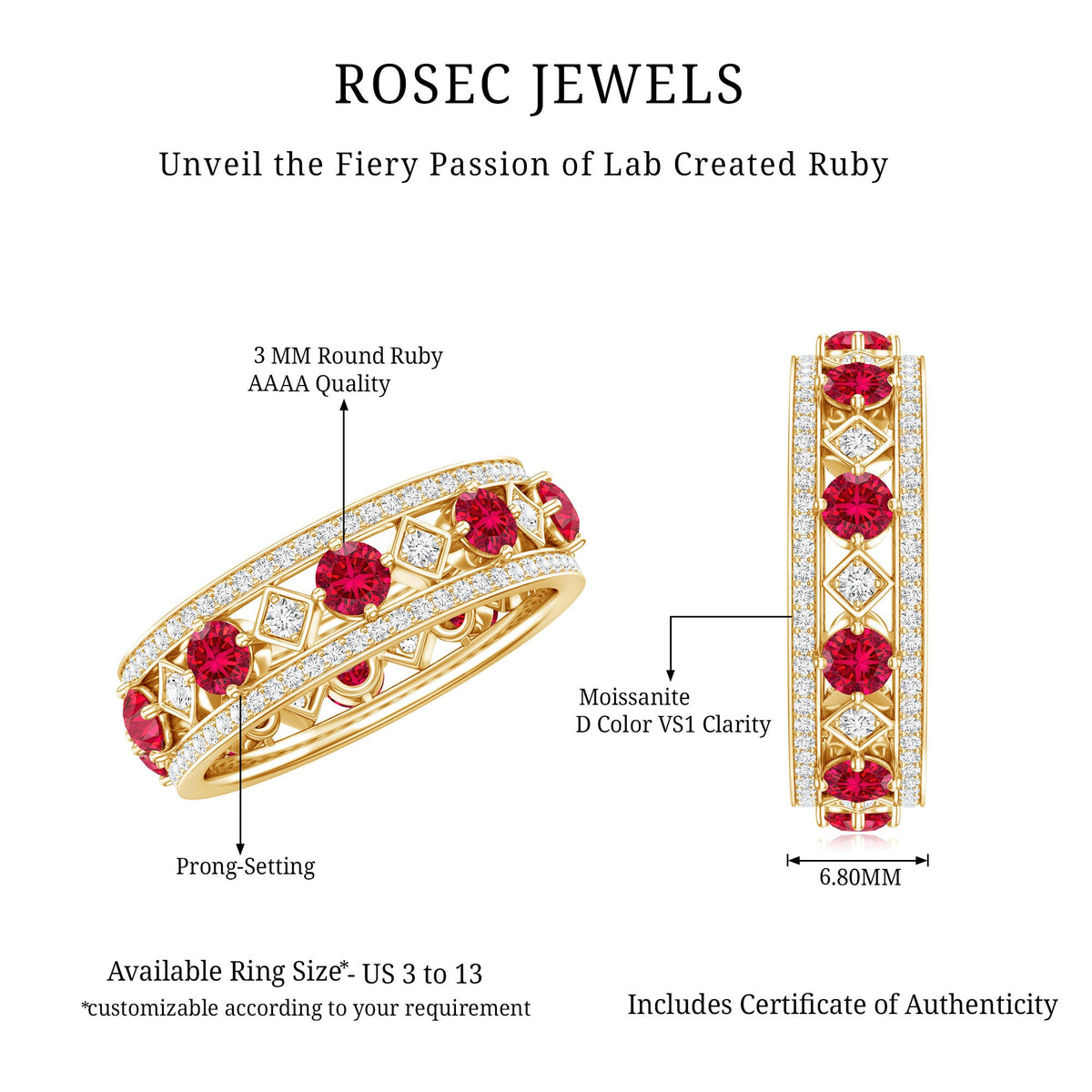 Vintage lab-grown ruby wedding band ring with moissanite accents from Rosec Jewels, showcasing intricate design and sparkling gemstones.