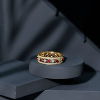 Lab grown ruby vintage wedding band ring with moissanite stones, featuring intricate design and rose gold finish by Rosec Jewels.
