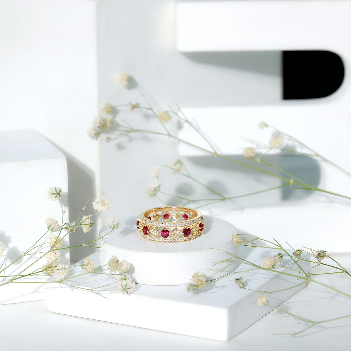 Lab grown ruby vintage wedding band ring with moissanite, featuring intricate design and sparkling gemstones by Rosec Jewels.