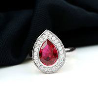 2.9 Carat Lab Created Ruby Teardrop Engagement Ring with Diamond Halo