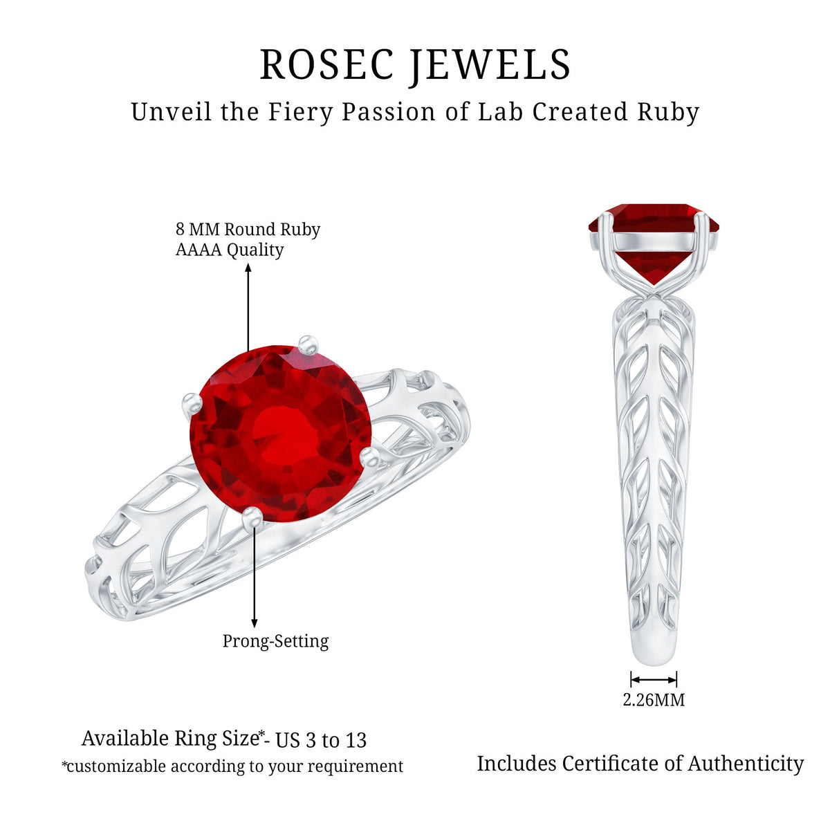 2.3 Carat Lab Created Ruby Solitaire Engagement Ring with Filigree Design