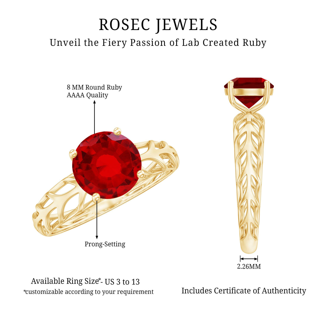 2.3 Carat Lab Created Ruby Solitaire Engagement Ring with Filigree Design
