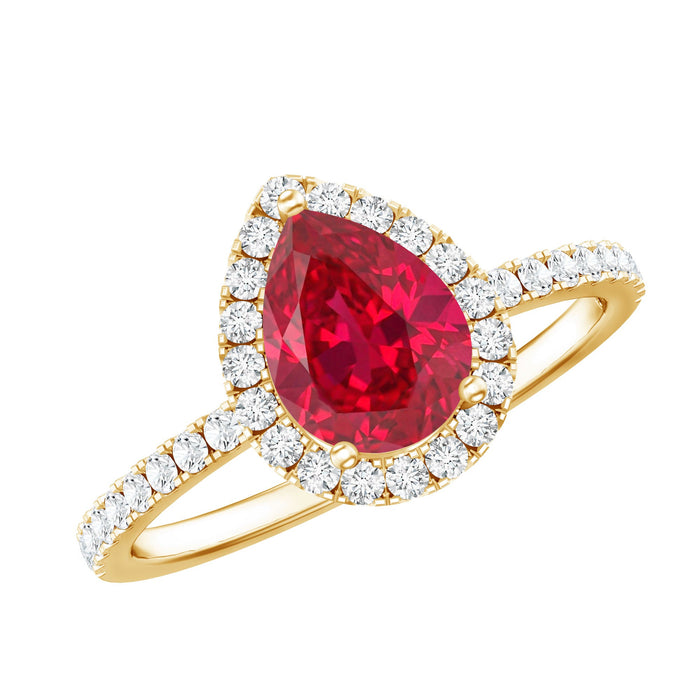 Created Ruby Halo Engagement Ring with Diamond Accent from Rosec Jewels, featuring a central ruby surrounded by sparkling diamonds.