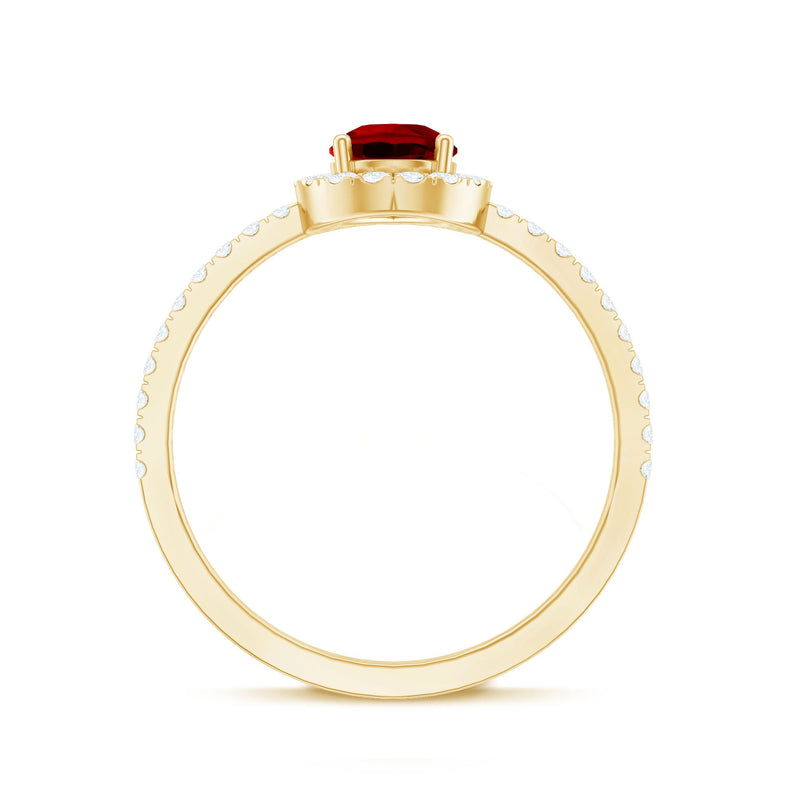 Created Ruby Halo Engagement Ring with Diamond Accent by Rosec Jewels, featuring a ruby center stone surrounded by a diamond halo.