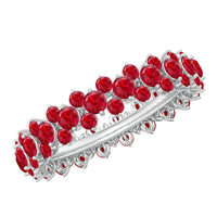 Lab created ruby cluster wedding band for women, Rosec Jewels, showcasing a sparkling ruby cluster ring with intricate band detail.