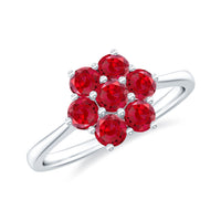 Rosec Jewels lab-created ruby cluster flower ring with round cut rubies and intricate floral design on silver band.
