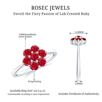 Rosec Jewels certified round cut lab-created ruby cluster flower ring showcasing vibrant red rubies and intricate floral design.