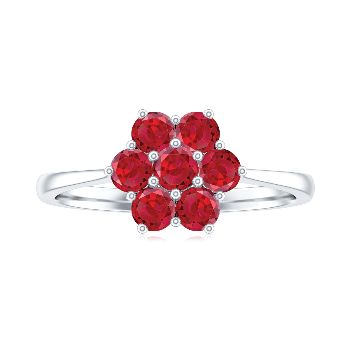 Certified round cut lab-created ruby cluster flower ring with intricate floral design, by Rosec Jewels.