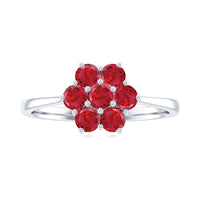 Certified round cut lab-created ruby cluster flower ring with intricate floral design, by Rosec Jewels.