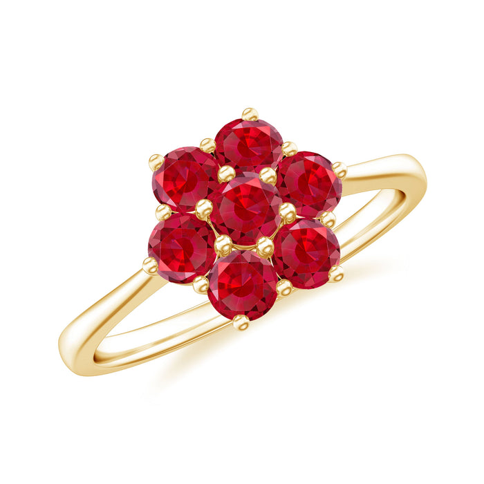 Rosec Jewels lab-created ruby cluster flower ring featuring a round cut ruby design on a silver band.