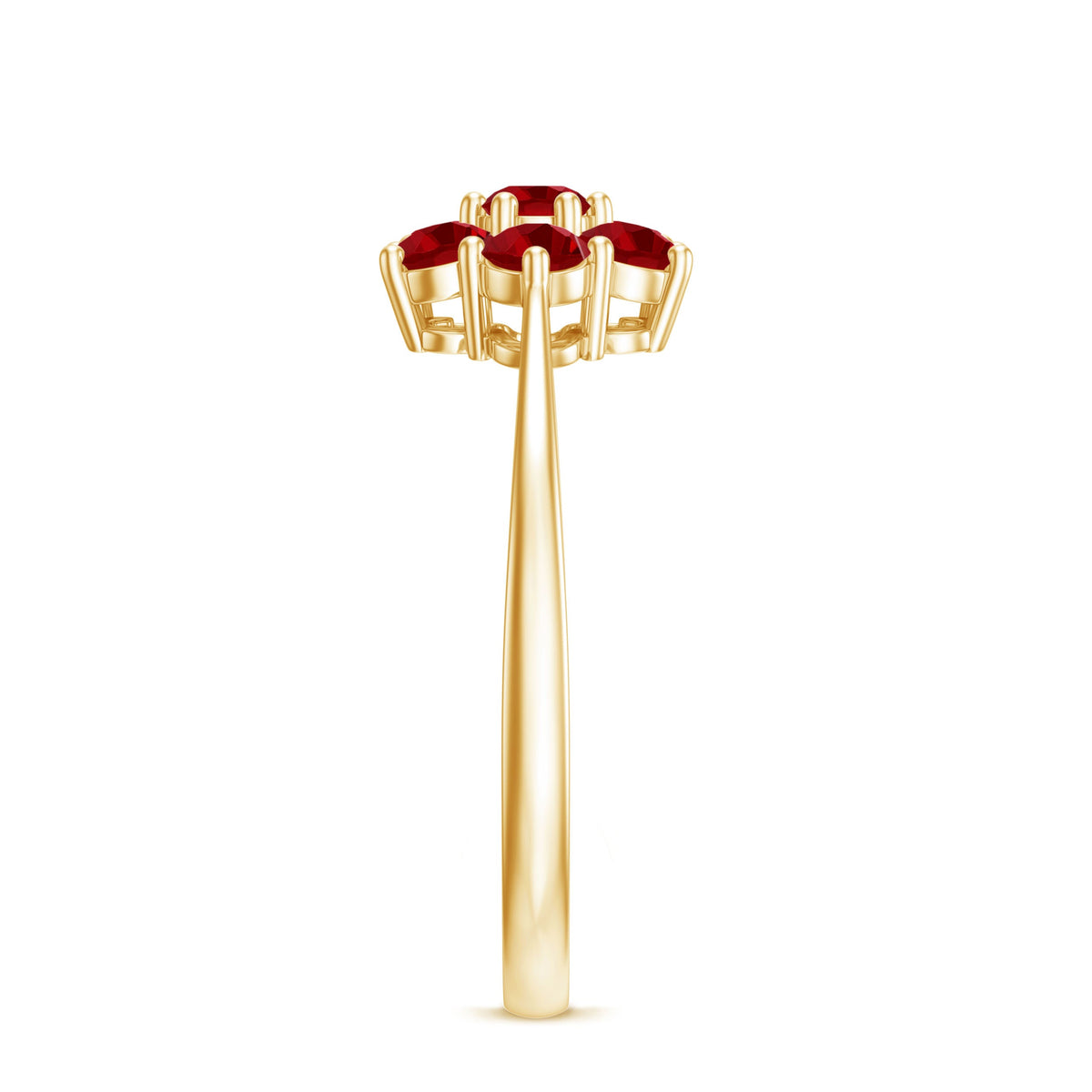 Silver ring featuring a cluster of round cut lab-created ruby gemstones arranged in a floral design, by Rosec Jewels.