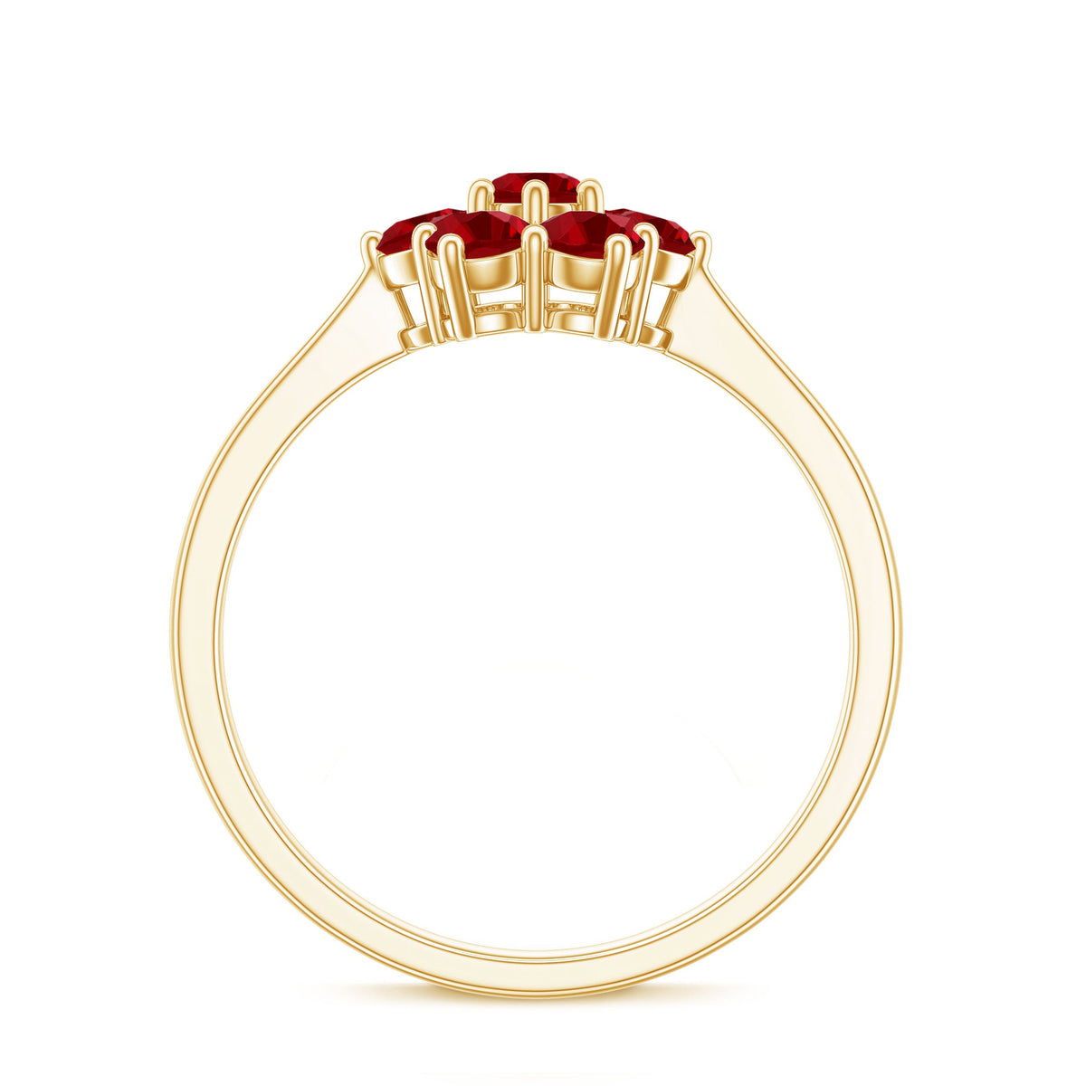 Round cut lab-created ruby cluster flower ring by Rosec Jewels, featuring a detailed floral design with vibrant red gemstones.