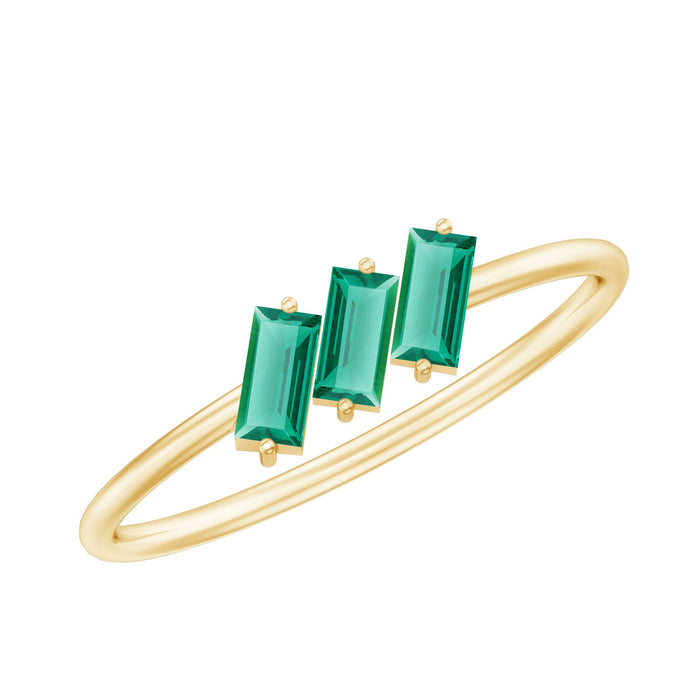 Rosec Jewels Certified Baguette Lab Grown Emerald 3 Stone Promise Ring featuring three emerald stones set in a sleek ring design.