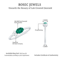 East West Style Oval Lab Grown Emerald Promise Ring with Diamond Trio