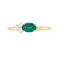 East West Style Oval Lab Grown Emerald Promise Ring with Diamond Trio