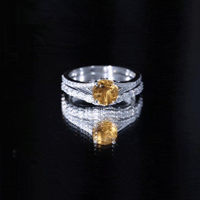 Yellow certified real citrine engagement ring with moissanite wedding band, showcasing sparkling gemstones and elegant ring design.