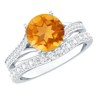 Certified real citrine engagement ring with moissanite wedding band, featuring gold band and sparkling gemstone accents.