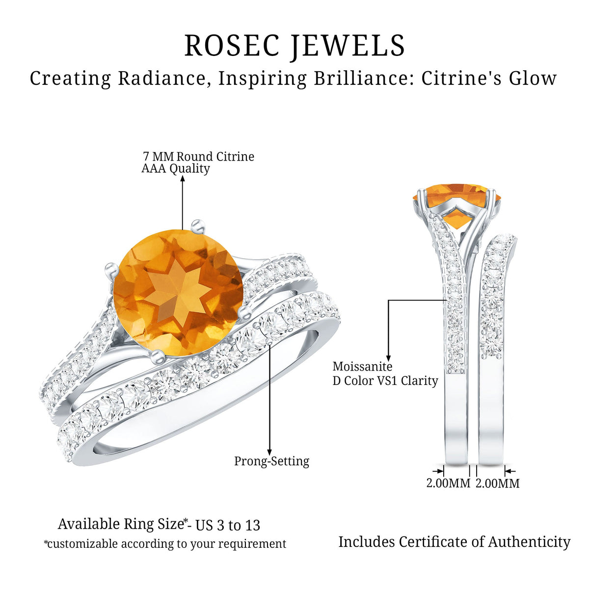 Certified real citrine engagement ring with moissanite wedding band, featuring gold band and sparkling gemstone details.