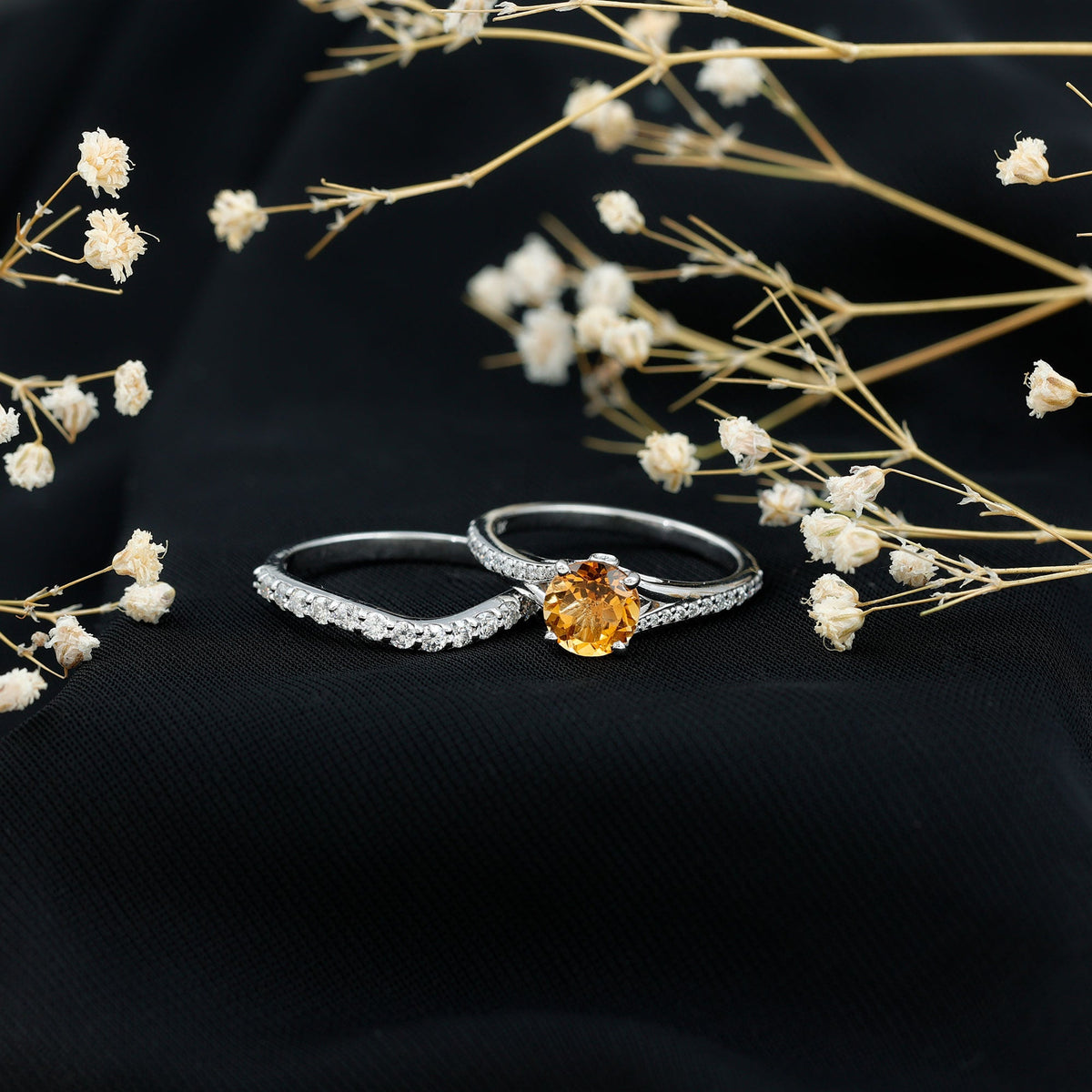 Certified real citrine engagement ring with moissanite wedding band, featuring gold setting and intricate detailing from Rosec Jewels.