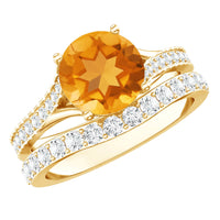 Certified real citrine engagement ring with moissanite wedding band from Rosec Jewels, featuring a vibrant yellow citrine gemstone.