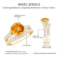 Certified real citrine engagement ring with moissanite wedding band, featuring a yellow citrine gemstone and sparkling accents.