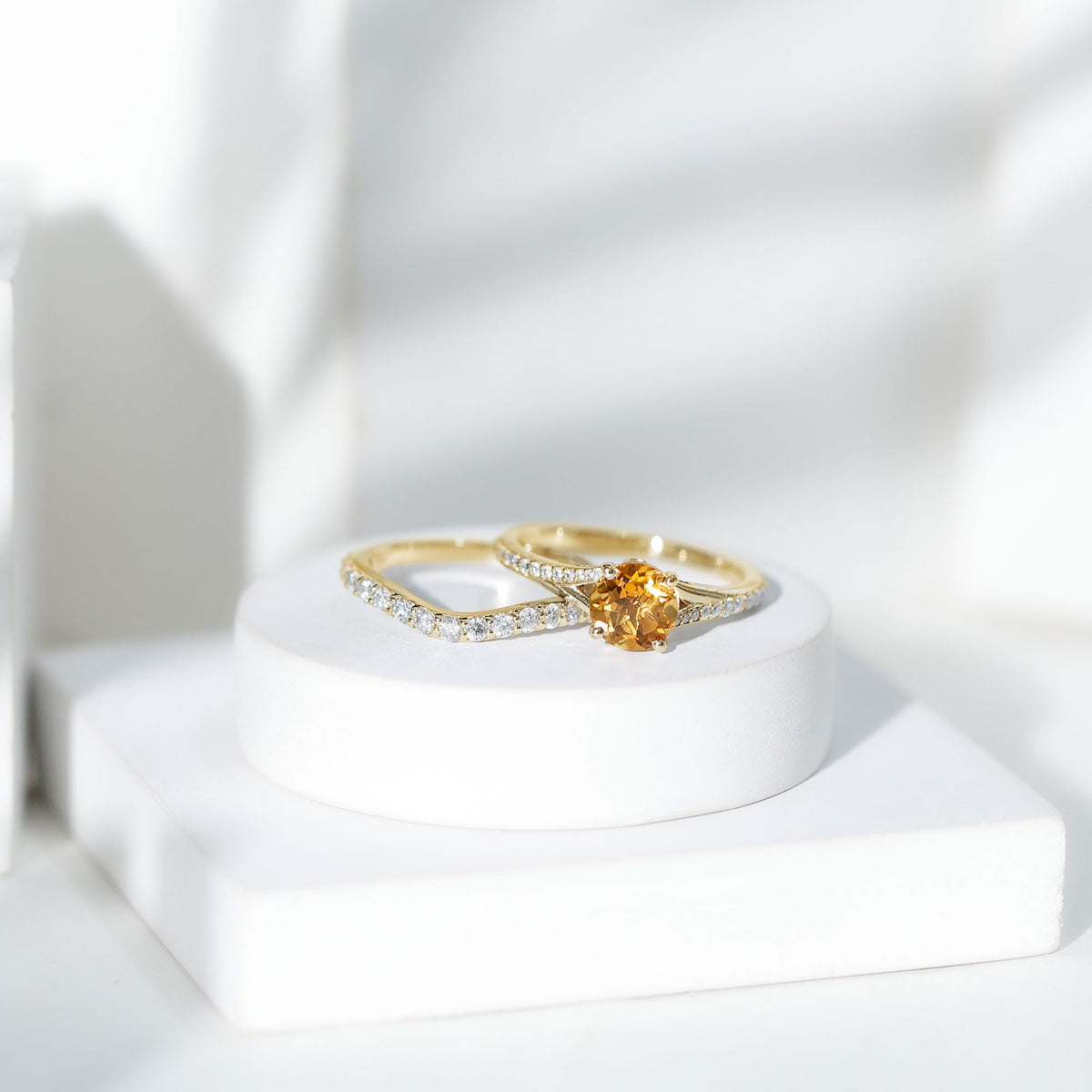 Certified real citrine engagement ring with moissanite wedding band, featuring gold setting and intricate detailing by Rosec Jewels.