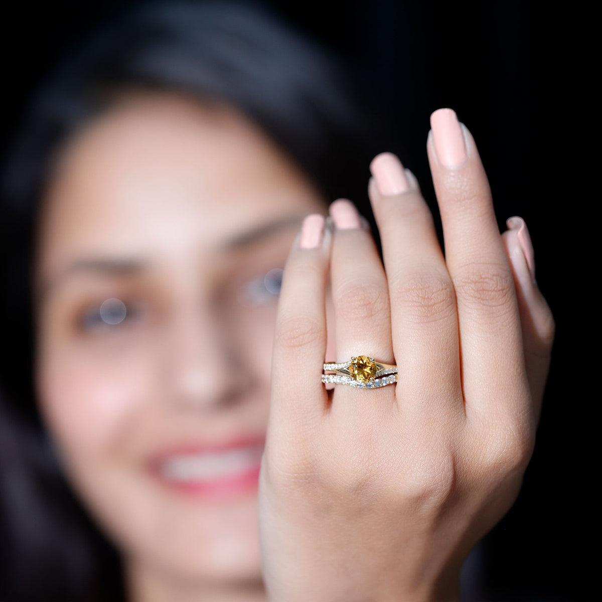 Certified real citrine engagement ring with moissanite wedding band, showcasing a sparkling yellow gemstone and elegant band design.