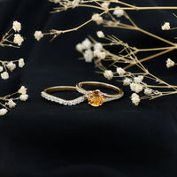 Certified real citrine engagement ring with moissanite wedding band, featuring yellow gemstone and sparkling accents in a fine ring design.