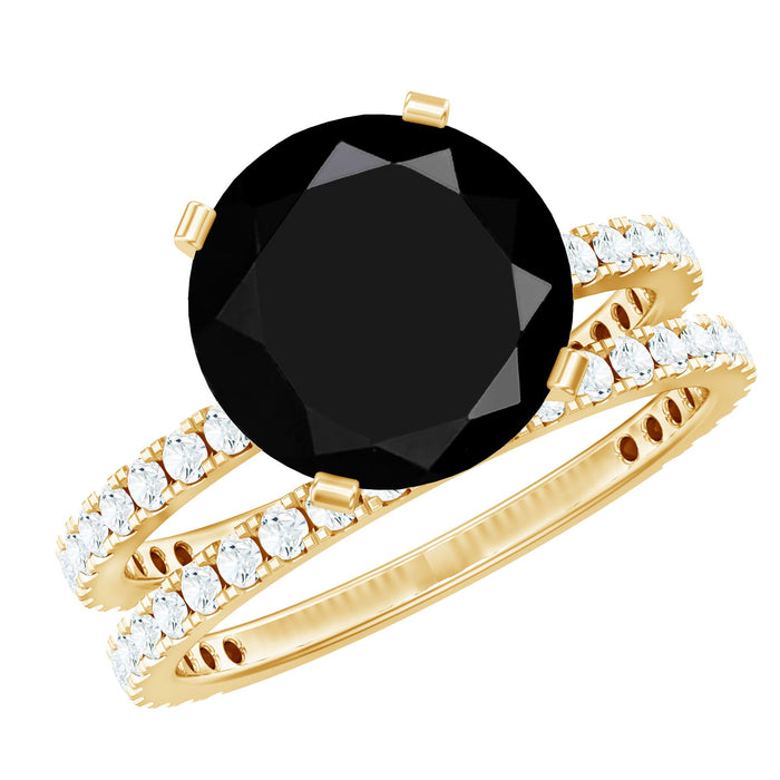 Lab grown 4.5 carat black diamond engagement ring with moissanite wedding band by Rosec Jewels, featuring a stunning, elegant design.