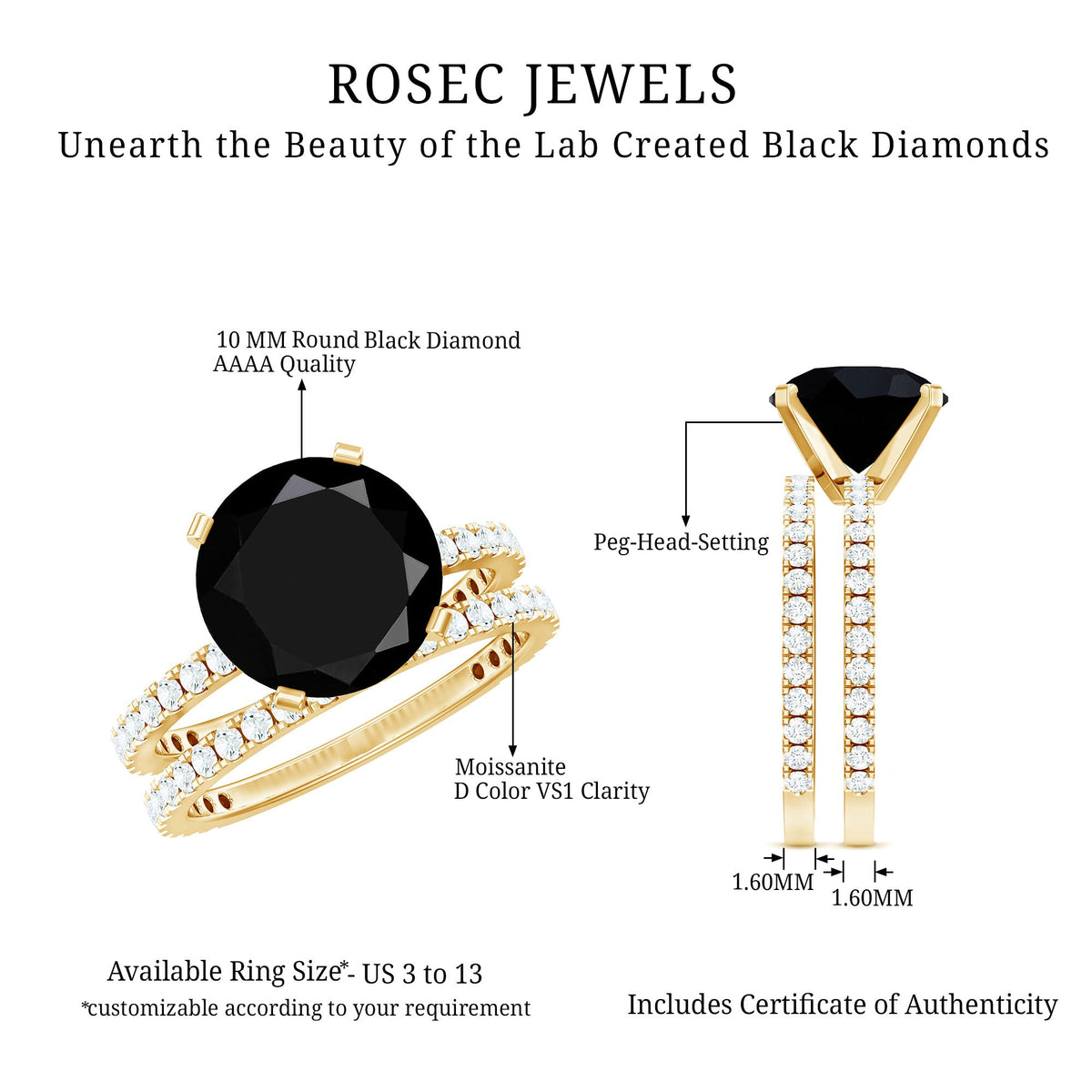 Certified 4.5 Carat Lab Grown Black Diamond Engagement Ring with Moissanite Wedding Band