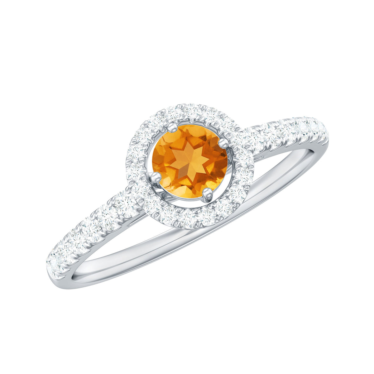 Minimalist Citrine and diamond engagement ring with halo setting from Rosec Jewels, showcasing a sleek design and sparkling stones.