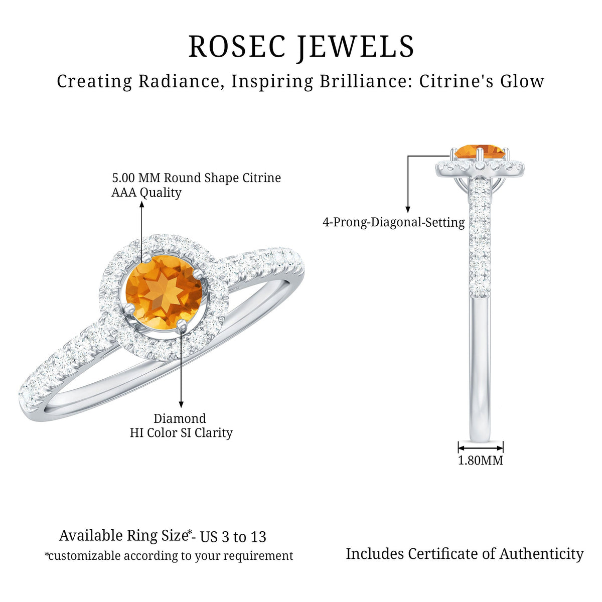 Minimalist Citrine and Diamond engagement ring with halo setting from Rosec Jewels, featuring a gold band and sparkling stones.