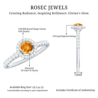 Minimalist Citrine and Diamond engagement ring with halo setting from Rosec Jewels, featuring a gold band and sparkling stones.