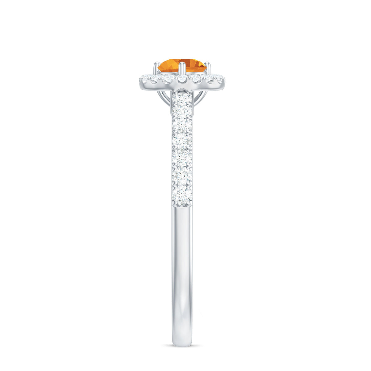 Minimalist citrine and diamond engagement ring with halo setting by Rosec Jewels, showcasing a sleek band and sparkling stones.