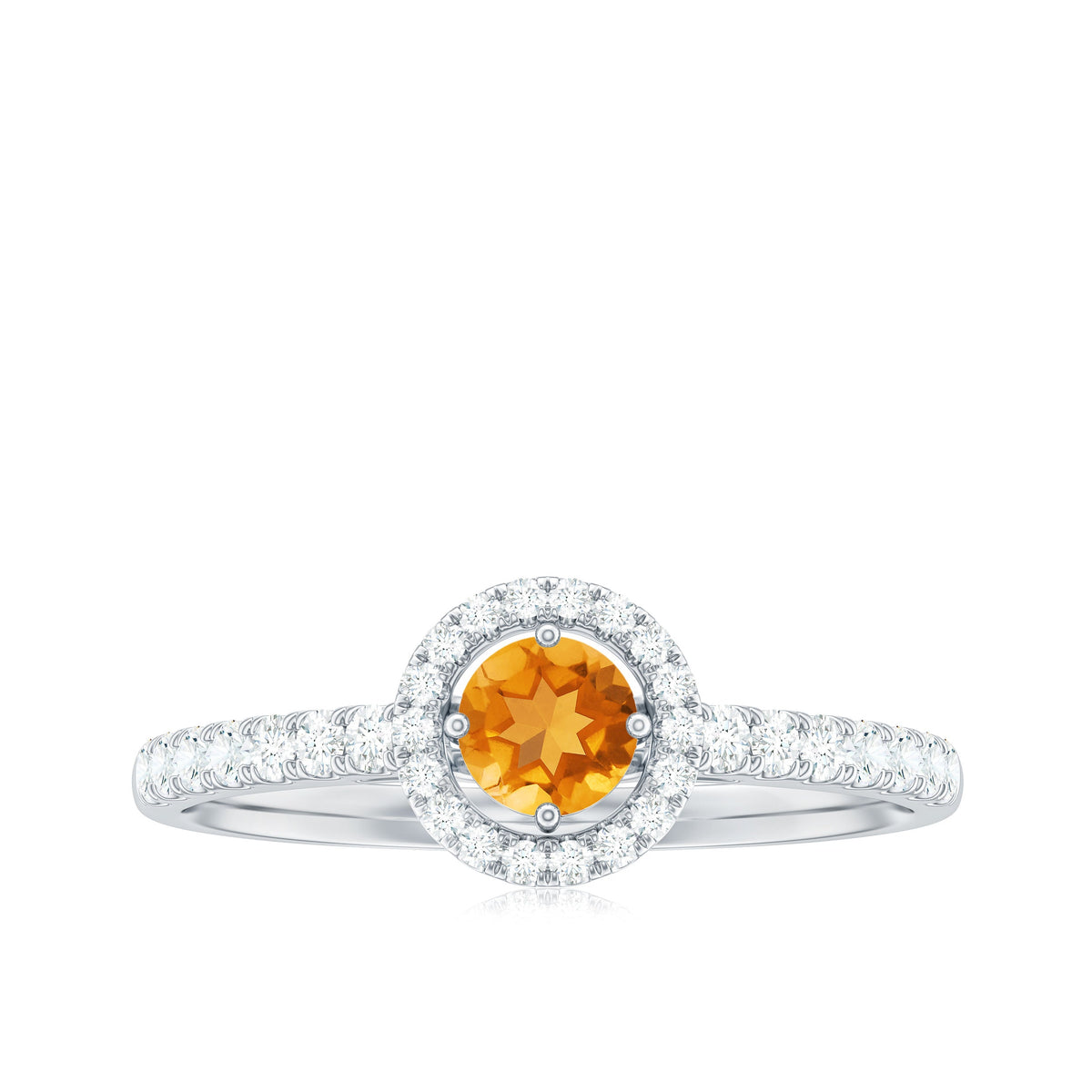 Minimalist Citrine and Diamond engagement ring with halo setting by Rosec Jewels, showcasing a sleek band and sparkling stones.