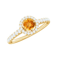 Minimalist Citrine Diamond Engagement Ring with Halo by Rosec Jewels, showcasing a gold band with a central citrine and diamond halo design.