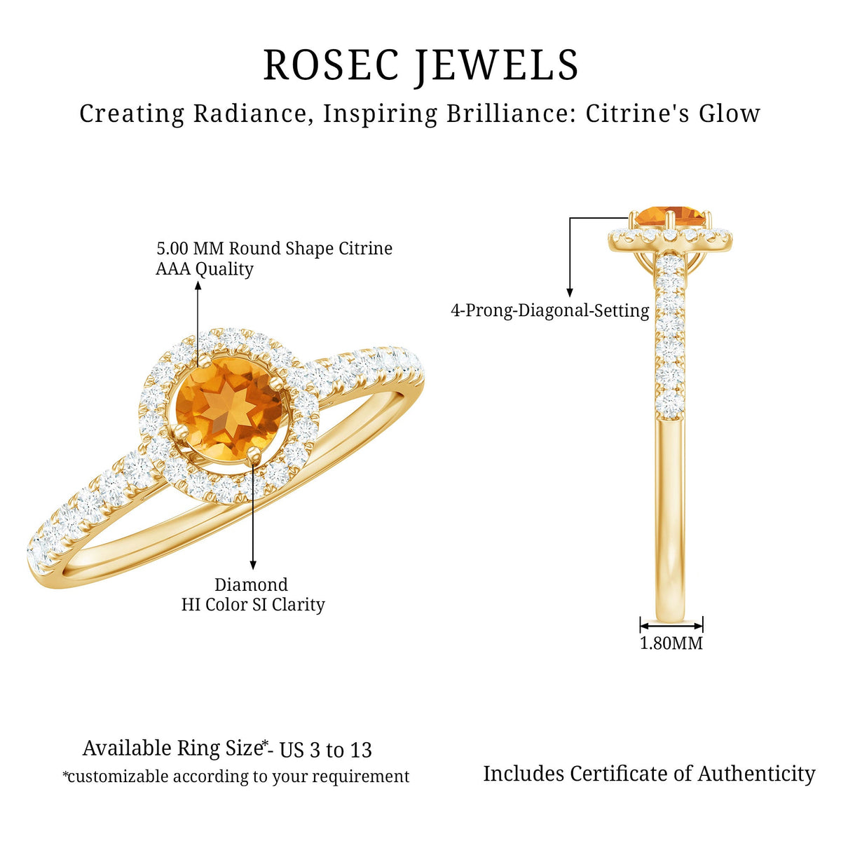 Minimalist citrine and diamond engagement ring with halo setting from Rosec Jewels, featuring a sleek band and sparkling stones.