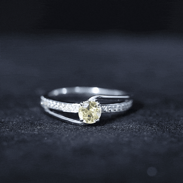 Natural citrine engagement ring with diamond accents and bypass shank from Rosec Jewels, showcasing a floral-inspired design.