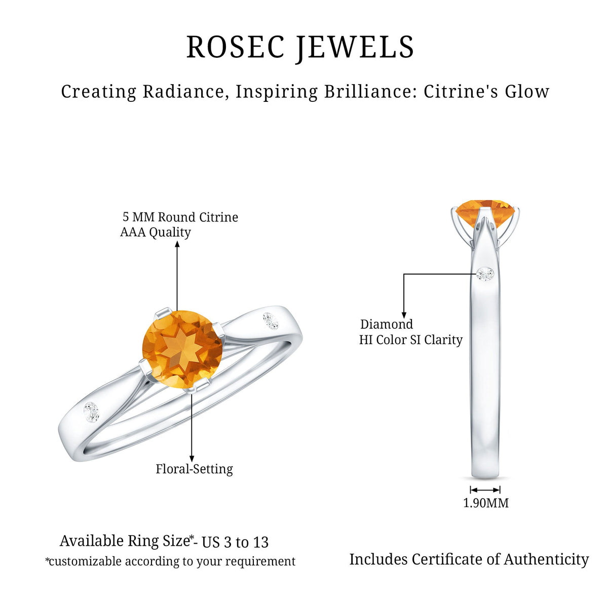 Certified real citrine promise ring with diamond accents by Rosec Jewels, showcasing a gold band and sparkling gemstone.