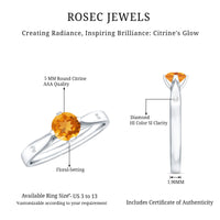 Certified real citrine promise ring with diamond accents by Rosec Jewels, showcasing a gold band and sparkling gemstone.